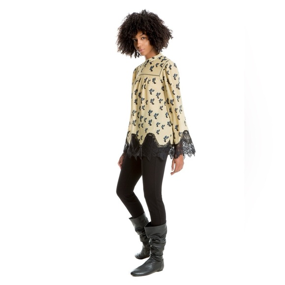 Max Studio Tops - Max Studio Top Women Tan Black Lace Trim Crow Print Whimsigoth Witchy Boho Sheer